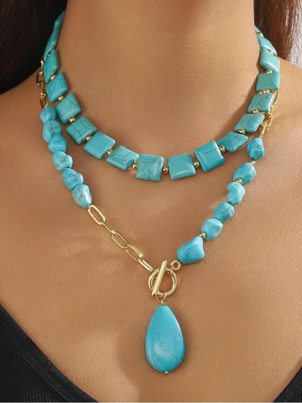 Anthropologie Turquoise Bead Layered Necklace with Gold Accents